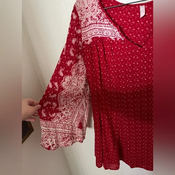 FREE PEOPLE Red Paisley Bell Sleeve Mixed Print Tunic Dress Size S Boho Festival - Picture 3 of 6